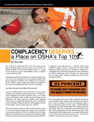 Complacency Deserves a Place in OSHA's Top 10
